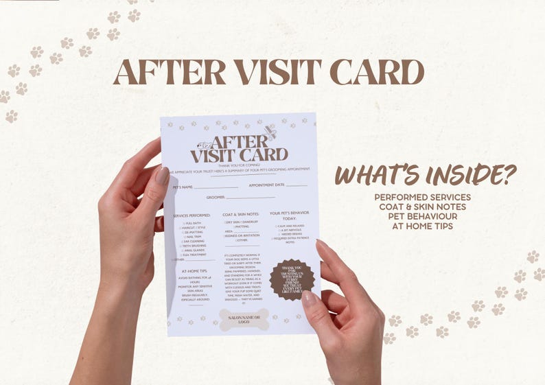 May include: A white "After Visit Card" is held by two hands. The card has the text "After Visit Card" and "What's Inside?" with a list of services, notes, and tips. Paw prints are in the background.