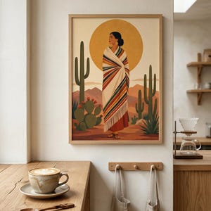 Puede incluir: Una lámina de arte enmarcada que representa a una persona envuelta en un chal a rayas con flecos, de pie en un paisaje desértico con cactus y un gran sol amarillo. La ilustración presenta tonos tierra cálidos, incluyendo marrones, naranjas y verdes.
