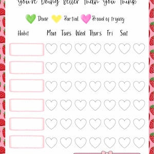 Puede incluir: Un rastreador de hábitos rosa y blanco con un borde con estampado de fresas. El rastreador incluye secciones para hábitos, días de la semana y un espacio para escribir de qué estás orgulloso. El texto "Habit Tracker" está en la parte superior.