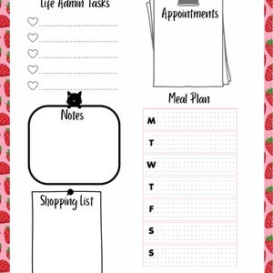Puede incluir: Un planificador semanal con un borde con estampado de fresas rosas. El planificador incluye secciones para tareas administrativas de la vida, citas, notas, una lista de compras y un plan de comidas. El texto "Weekly Reset" está en la parte superior.