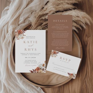 Autumn Wildflower Wedding Invitation Set Template, Editable Fall Floral Invite, Boho Rust Terracotta Suite, Details and RSVP WE003