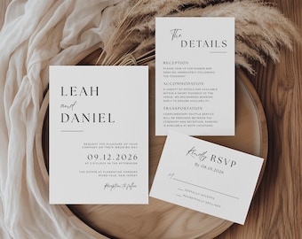 Minimalist Invitation Bundle, Reception Wedding Suite, RSVP and Details Card, Editable Modern Invite Template WE001