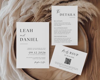 Minimalist Wedding Invitation Set, Modern Reception Template, Editable Invite Suite, QR Code RSVP, Details Card WE001