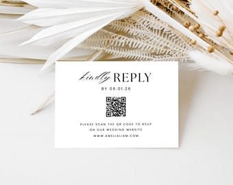 Plantilla moderna de tarjeta RSVP con código QR, tarjeta de respuesta minimalista editable para sitio web de bodas WE002