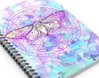 Spiral Notebook Journal Ruled Line Butterfly Moth Flower of Life Metatron's Cube Purple Blue Hues Delicate Spiritual Musings LOA Gift Idea