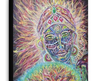 Goddess Wall Art Decor Galactic Guardian Tribal Shaman Colorful Tribal Primitive Art Woman's Face Canvas Fine Art Print Indigenous war paint