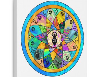 Divine Goddess Woman Colorful Mandala Fine Art Canvas Print Colorful Wall Art Flower of Life Boho Wicca Woman gift idea artwork Blue rim