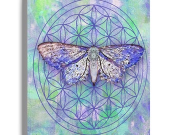 Wall Art Fine Art Canvas Print Flower of Life Metatron's Cube Butterfly Moth Chrysalis Sacred Geometry Ethereal Decor Gift Idea Blue Hues