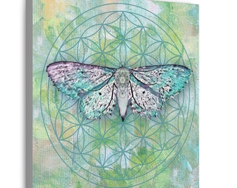 Wall Art Fine Art Canvas Print Flower of Life Metatron's Cube Butterfly Moth Chrysalis Sacred Geometry Ethereal Decor Gift Idea Green Hues