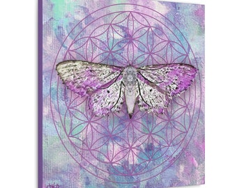 Wall Art Fine Art Canvas Print Flower of Life Metatron's Cube Butterfly Moth Chrysalis Sacred Geometry Ethereal Decor Gift Idea Purple Hues