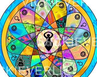 Divine Goddess Woman Colorful Mandala Fine Art Canvas Print Colorful Wall Art Flower of Life Boho Wicca Woman gift idea artwork Blue rim