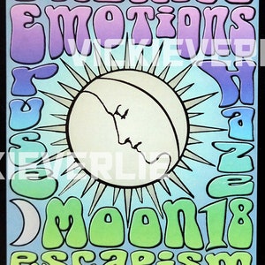 Rock and Roll Tarot Poster Art The Moon Card Psychedelic 60s 70s Rock Art Poster Colorful Retro Hippie Music Poster Print Music Themed