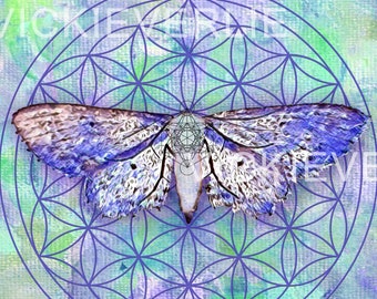 Wall Art Fine Art Print Flower of Life Metatron's Cube Butterfly Moth Chrysalis Sacred Geometry Ethereal Artwork Decor Gift Idea Blue Hues