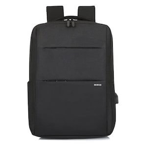 May include: Black backpack with a rectangular shape. The backpack has two shoulder straps, a top handle, and multiple zippered compartments. The front features two horizontal pockets. The brand name "BROBOGI" is visible on the lower right. A USB port is on the side.