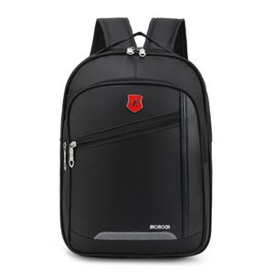 May include: Black backpack with a red emblem and silver zips. The backpack has a padded back and shoulder straps. The word "BROMOGI" is printed at the bottom of the front pocket. Designed for carrying books and other school supplies.