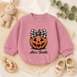 Custom Pumpkin Baby Romper, Personalized Plaid Bow Bodysuit, Coquette Halloween Bubble Suit, Pumpkin Patch Infant Outfit, Baby Girl Gift