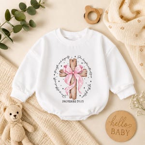 Christian Baby Girl Romper, Proverbs 31 25 Bodysuit, Coquette Bow Cross Bubble Suit, Bible Verse Infant Outfit, Faith Baby Shower Gift