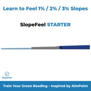 Könnte beinhalten: Ein Golf-Trainingsgerät mit dem Text "Learn to Feel 1% / 2% / 3% Slopes" und "SlopeFeel STARTER". Das Gerät hat eine rechteckige Form mit hellblauen, grauen und dunkelblauen Abschnitten. Der Text "Train Your Green Reading - Inspired by AimPoint" ist ebenfalls vorhanden.