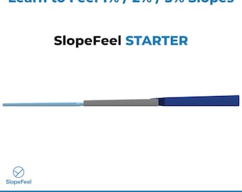 May include: Three rectangular training wedges in light blue, gray, and dark blue, arranged horizontally. Text reads: Learn to Feel 1% / 2% / 3% Slopes, SlopeFeel STARTER, and Train Your Green Reading – Slope % Trainer. The SlopeFeel logo is visible.