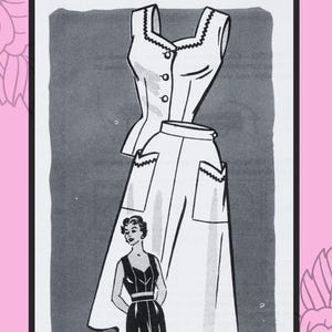 May include: A sewing pattern for a Peggy Play Suit, labeled Subversive Femme Patterns, featuring a black and white illustration of a sleeveless top and skirt set with a Marian Martin logo, pattern number 1020, and a 44-inch bust size from the 1950s.