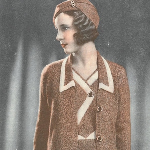 May include: A vintage advert displays a knitted tweed ensemble. The outfit features a brown jacket with white trim, a matching skirt, and a hat. The text reads "A KNITTED TWEED ENSEMBLE" and "This Smart, Useful Outfit Presents Several New Features."