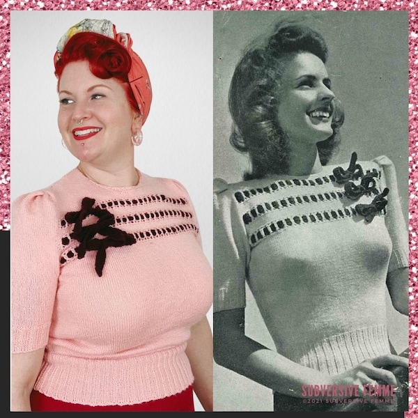 1940s Susie Bows Sweater, vintage knitting pattern modernised for larger sizes (34-54 inch busts)