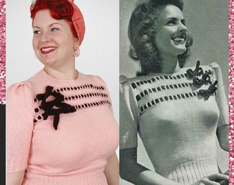 1940s Susie Bows Sweater, vintage knitting pattern modernised for larger sizes (34-54 inch busts)