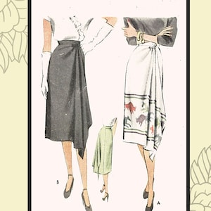 May include: A vintage sewing pattern for a wrap skirt, featuring two illustrations of women wearing the skirt. The pattern is for size 30 inches and is from 1946. The text on the pattern reads "Subversive Femme Patterns Carmen Wrap Skirt" and "Pattern Number: 1017".