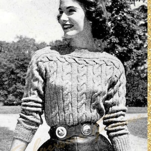 1950s Heavy Cable Sweater, 30-32-34 in bust - Vintage Knitting Pattern PDF Vogue