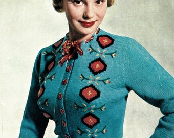 1950s Tyrolean Cardigan with tie neck - Vintage Knitting Pattern