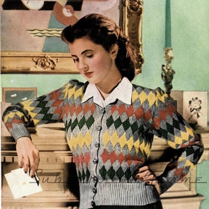 1940s Diamond Pane Cardigan c.1944, WW2 - vintage knitting pattern PDF (471)