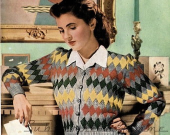 1940s Diamond Pane Cardigan c.1944, WW2 - vintage knitting pattern PDF (471)