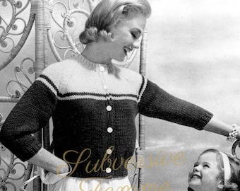 1950s quickly knitted 'Myrtle' cardigan in S-M-L sizes - Vintage Knitting Pattern PDF