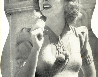 Elsa, a two colour jumper with pompoms. c. late 1930s - Vintage Knitting Pattern from Sun-Glo