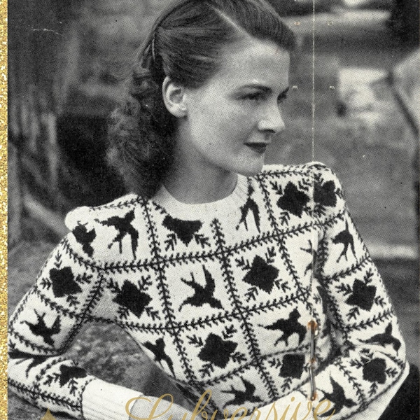 Birds and Flowers fair isle jumper c. 1940s - vintage knitting pattern