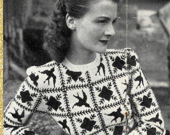 Birds and Flowers fair isle jumper c. 1940s - vintage knitting pattern