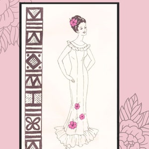 Może przedstawiać: Wzorzec szycia vintage na białą sukienkę z nadrukiem hibiskusa, z falbanką przy dekolcie i spódnicy. Wzorzec jest dla rozmiaru 16 (91 cm w biuście) i pochodzi z lat 50. Numer wzorca to 1028.