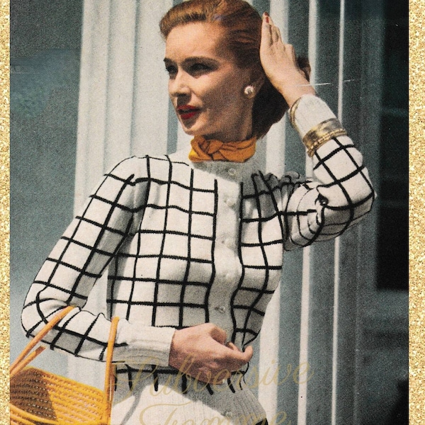 1950s Vogue Checked Cardigan in sizes 32, 34, 36 and 38 - Vintage Knitting Pattern