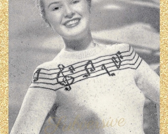 A Musical Yoke, 1940s knitted jumper with music notes - vintage knitting pattern