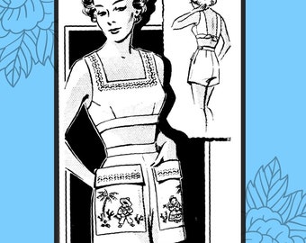 1950s playsuit, bra top and shorts with embroidery designs, digital vintage pattern - Vintage Sewing Pattern PDF 1012