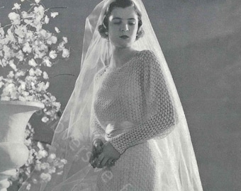 Early 1930s Art Deco lace wedding dress ,’Marina’ from Minerva c.1934 (306) knitting pattern pdf