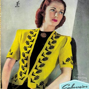 May include: Vintage magazine cover titled "Needlework Illustrated." The cover features a woman wearing a yellow cardigan with black floral embroidery. The magazine's title is in blue script, and the cover has a gold glitter border. The magazine is a vintage knitting and sewing pattern reproduction.