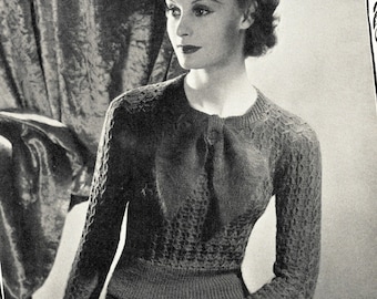 Pretty as a picture, 1930s jumper with bow neckline - vintage knitting pattern PDF (340)