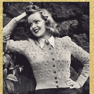 Megan, 1940s womans cardigan with bobbles and open work - vintage knitting pattern PDF