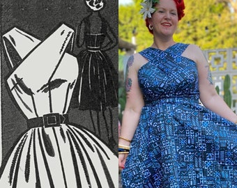 1950er Jahre Tiki Crossneck Kleid Größen 32-46 Büste, Digitalschnitt, Großformatdruck und A4 - Vintage Schnittmuster PDF 1007