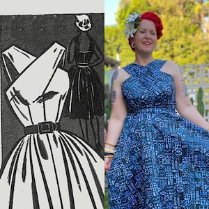 1950s Tiki crossneck dress sizes 32-46 bust, digital pattern, large format printing and A4 - Vintage Sewing Pattern PDF 1007