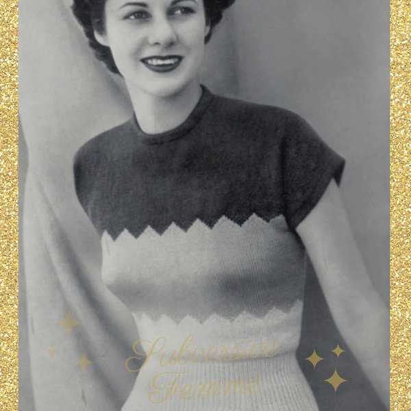 Denise, a multi-coloured jumper from Patons, c. 1950s - vintage knitting pattern PDF sweater