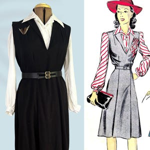 May include: A black sleeveless dress with a white collared shirt underneath, cinched at the waist with a black belt. A vintage fashion illustration shows a woman in a gray dress with a red hat and striped sleeves.
