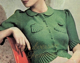 Cárdigan tipo jersey con volantes de Stitchcraft, c. Patrón de tejido vintage de 1938.