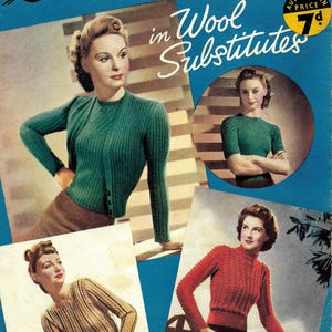 Może przedstawiać: Okładka zabytkowego magazynu Weldon Knitting Series nr 25 zatytułowana New Knitteds in Wool Substitutes. Okładka zawiera trzy ilustracje dzianin: zielony prążkowany kardigan, zielony sweter z krótkim rękawem oraz czerwony sweter o fakturze.